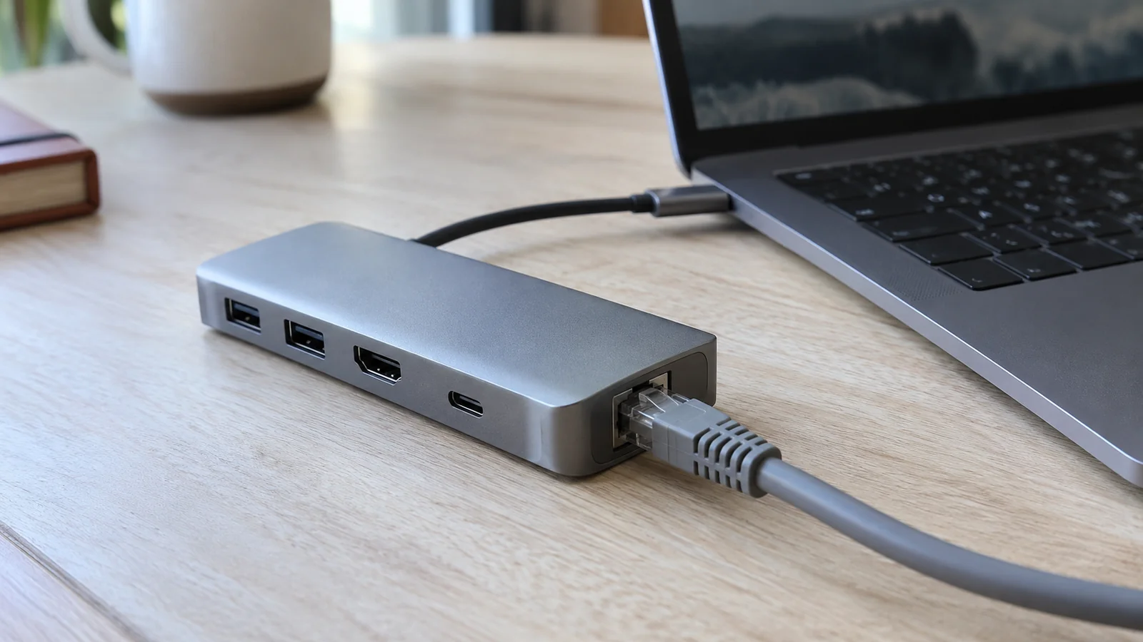 连接笔记本USB-C扩展坞的RJ45网线近景